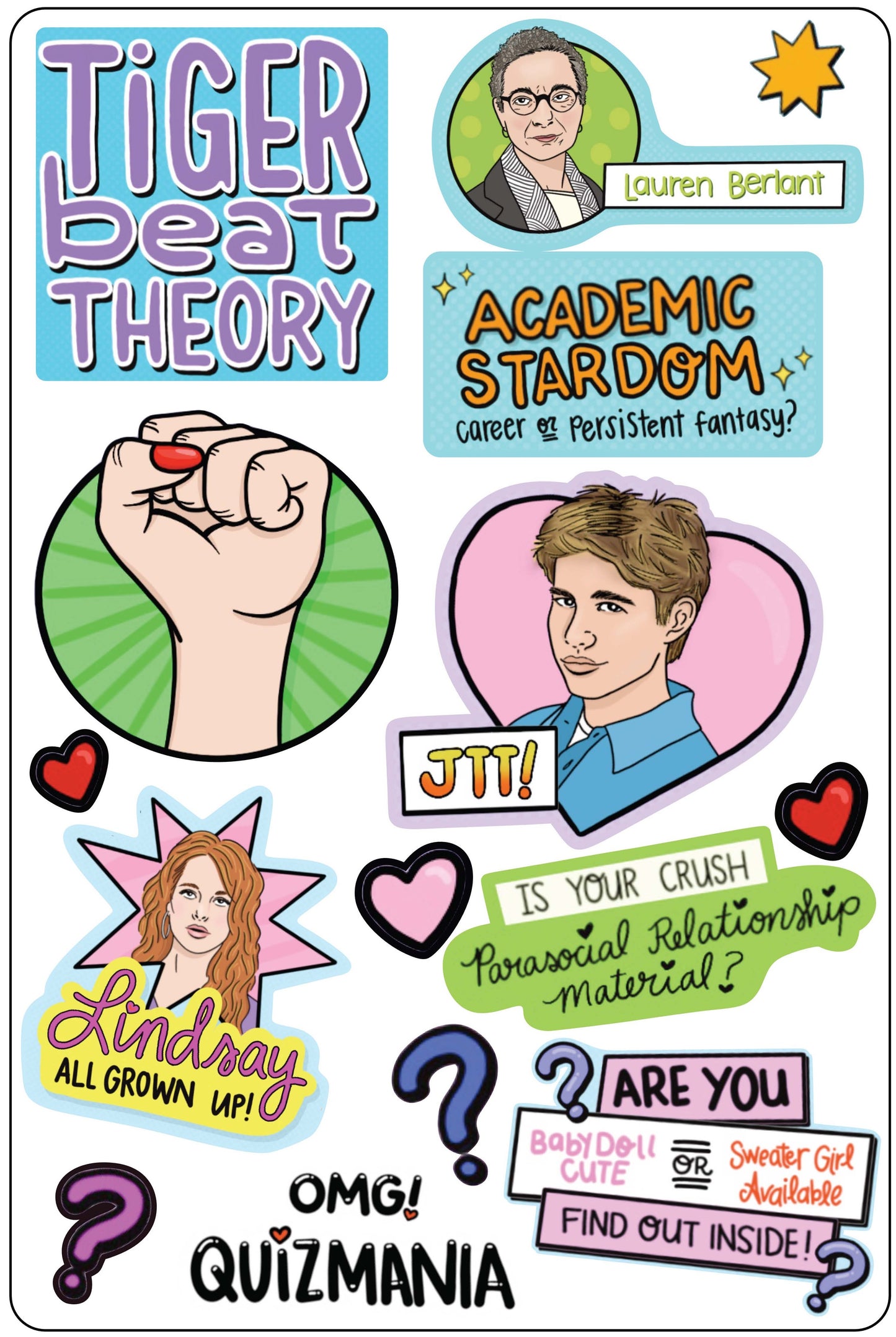 Brightly colored sticker sheet with illustrations featuring Jonathan Taylor Thomas, Lindsay Lohan, and other designs in the style of Tiger Beat magazine.