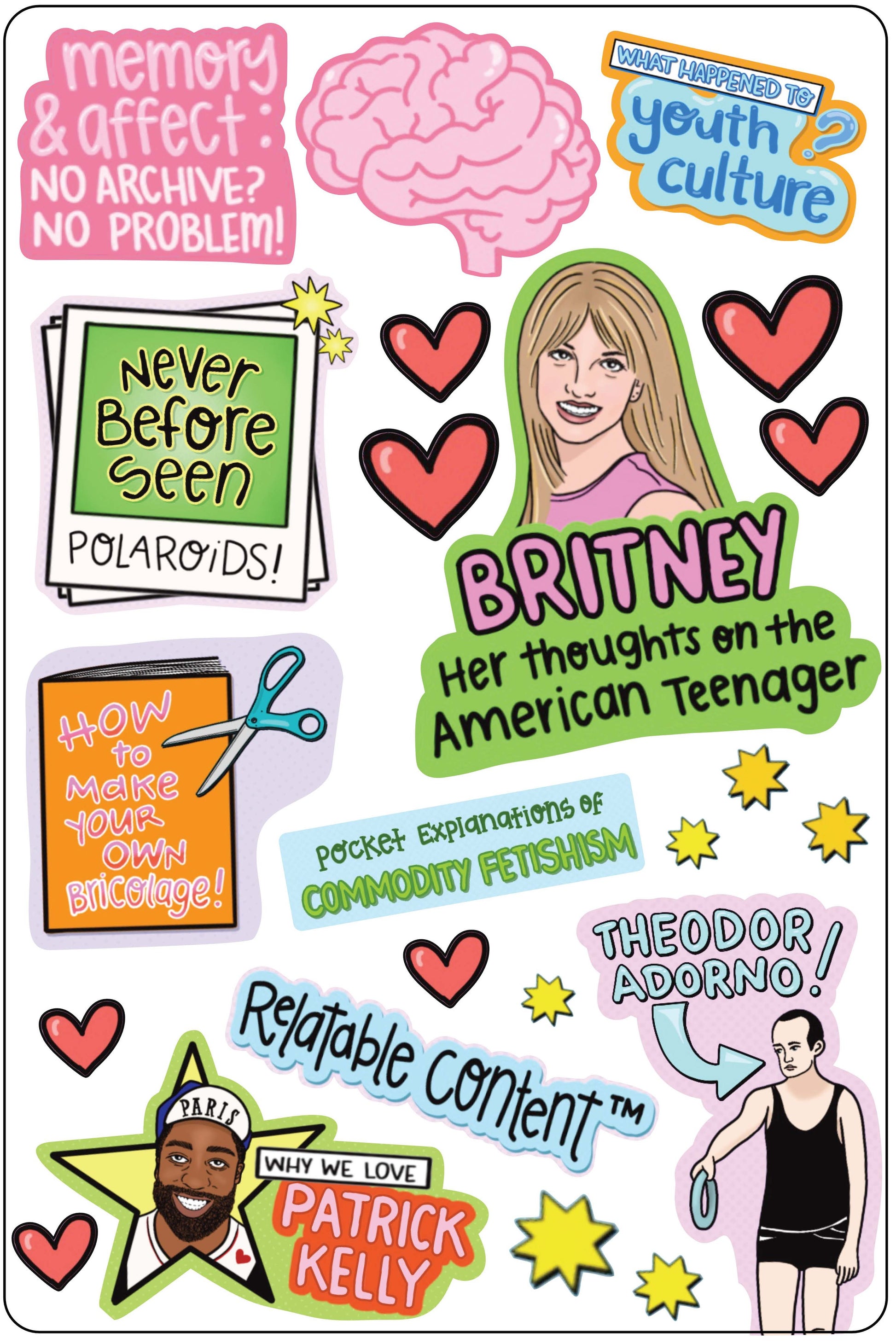 A brightly colored sticker sheets including illustrations of Britney Spears, Patrick Kelly, and other designs in the aesthetic of Tiger Beat magazine.